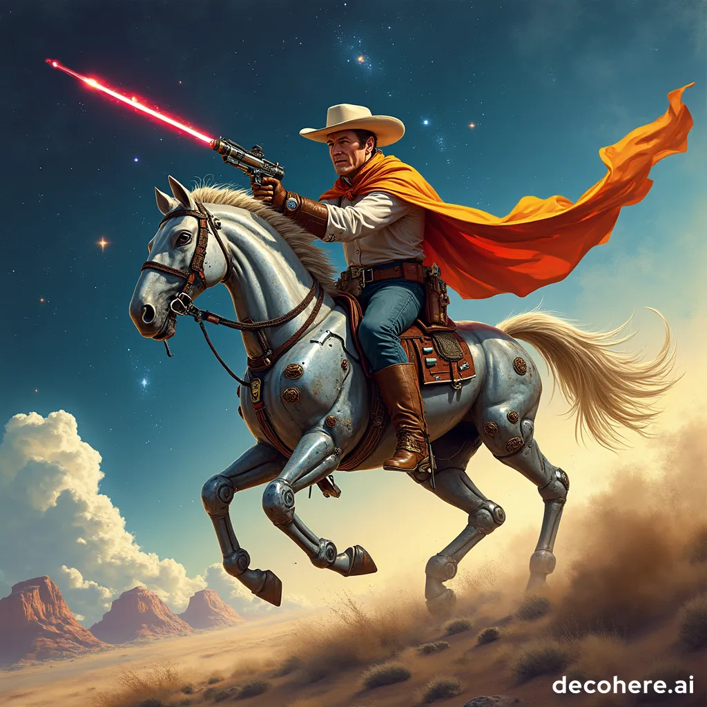 ilustracion futurista john wayne espacio sobre caballo cibernetico