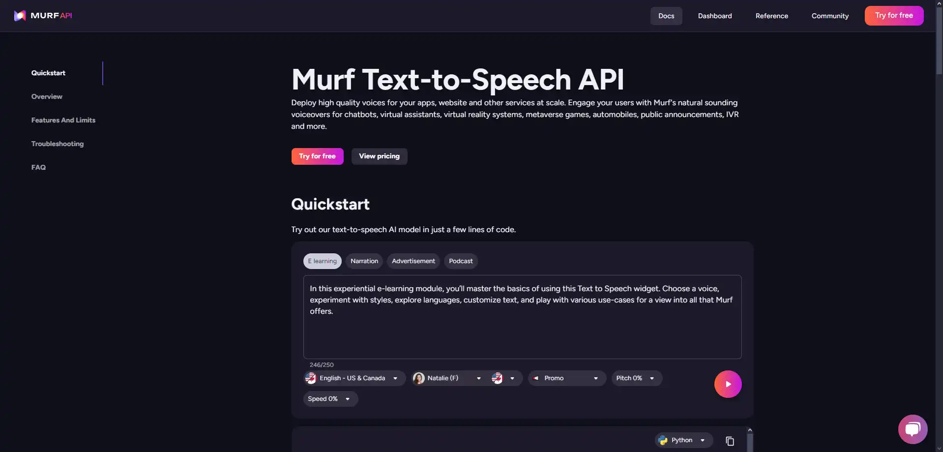 Captura de pantalla de Murf API